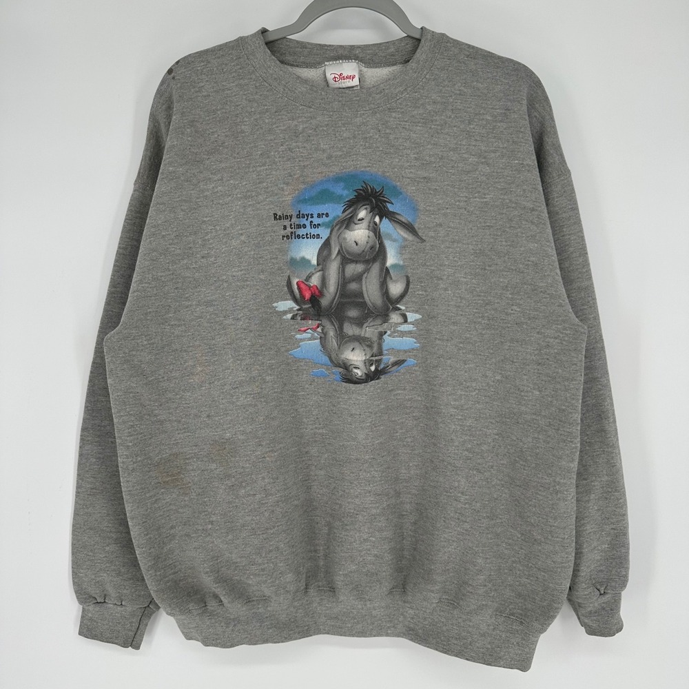 Vintage 90s Disney Store Eeyore Rainy Days Reflection Gray Sweatshirt XL Style